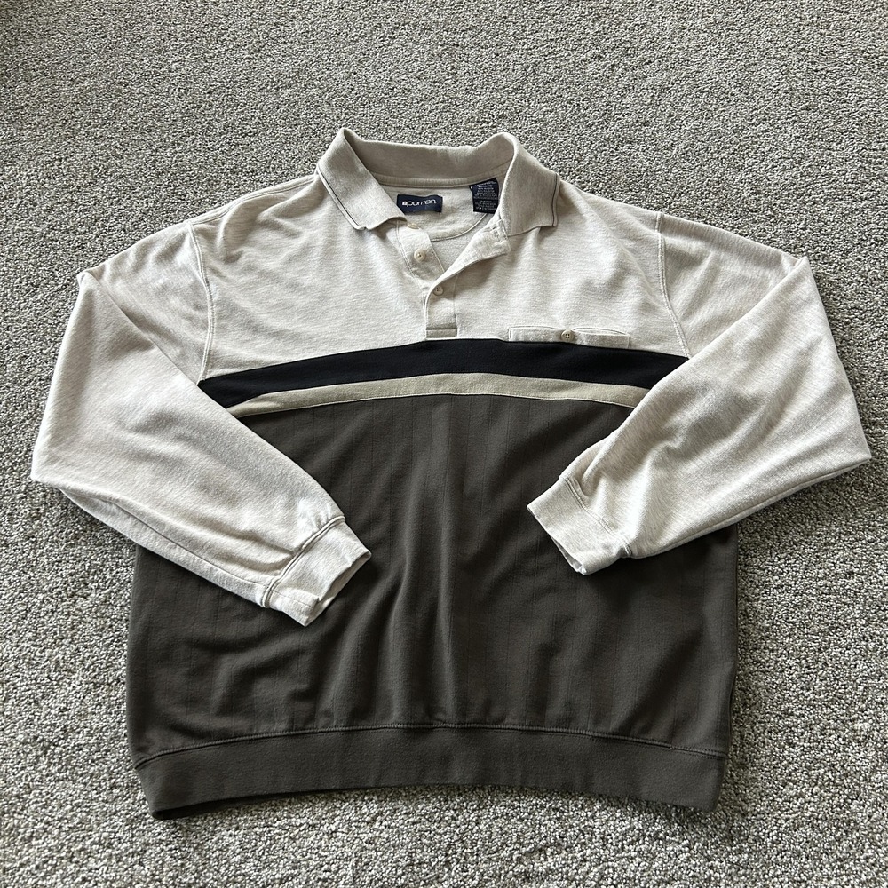 Vintage Puritan Polo Shirt Mens XL Brown Colorblock Long Sleeve Cotton Blend Top